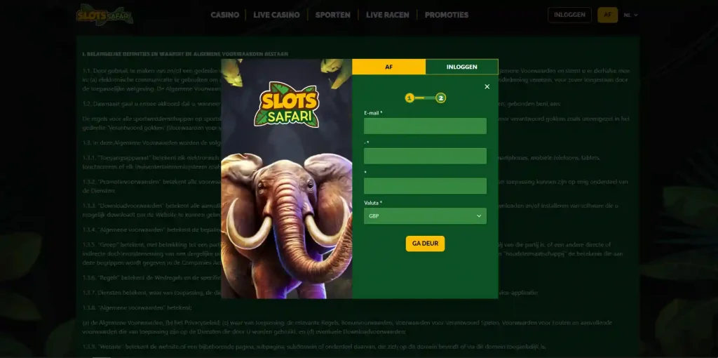 Registratieformulier van Slots Safari met velden voor accountgegevens