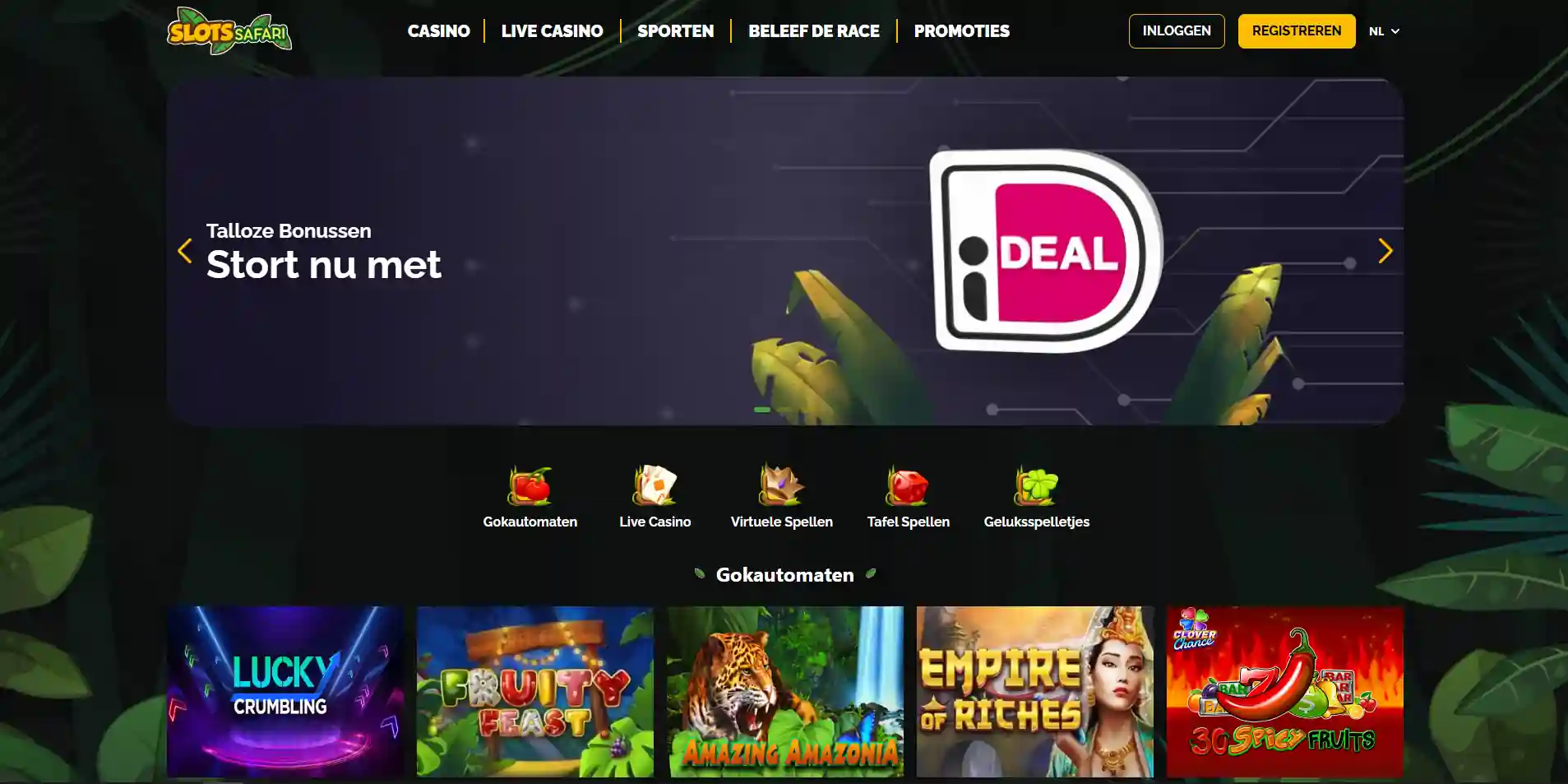 Slots Safari homepage met herkenbare navigatie en casino-omgeving