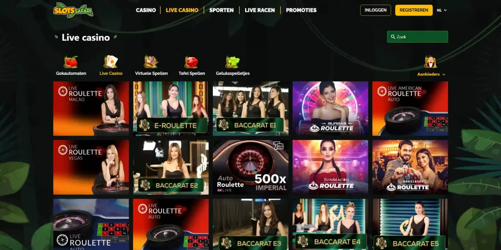 Slots Safari live casino met de navigatie naar live tafels