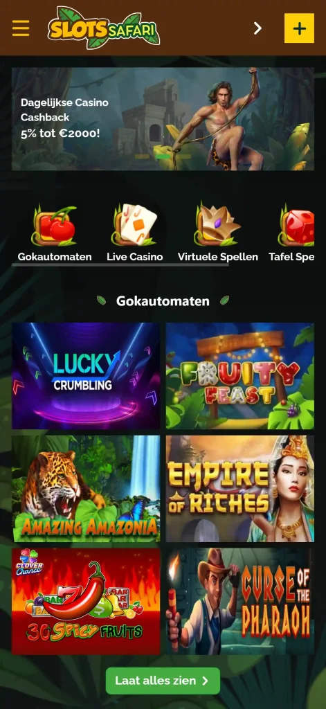 Slots Safari op een smartphone met de mobiele casinonavigatie in beeld