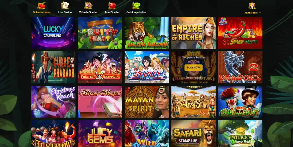 Slots Safari spelbibliotheek met categorieën voor slots, live casino en tafelspellen