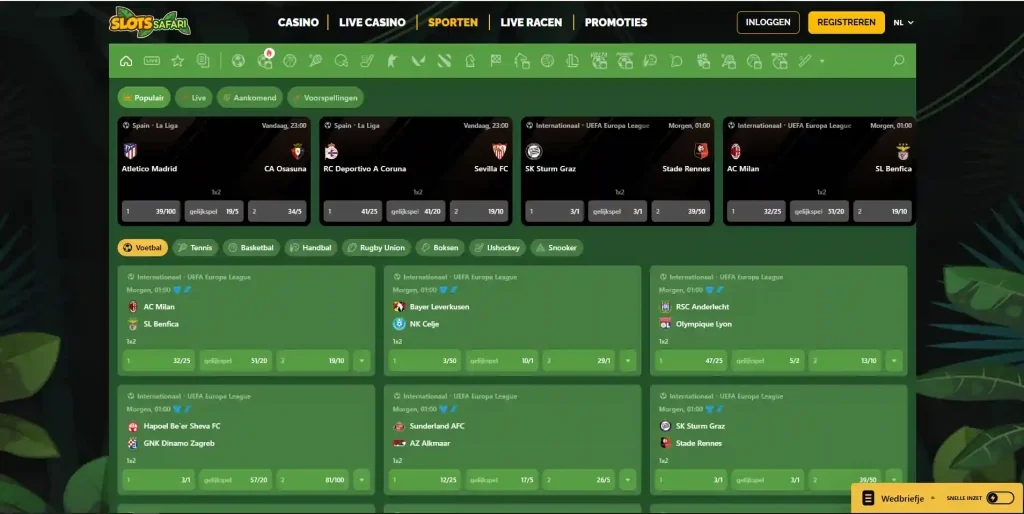 Slots Safari sportsbook met sportnavigatie en weddenschapsselectie
